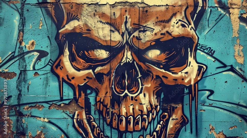 graffiti skull painted on weathered wall teeth bared in menacing grin graffiti skull painted on weathered wall teeth bared in menacing grin