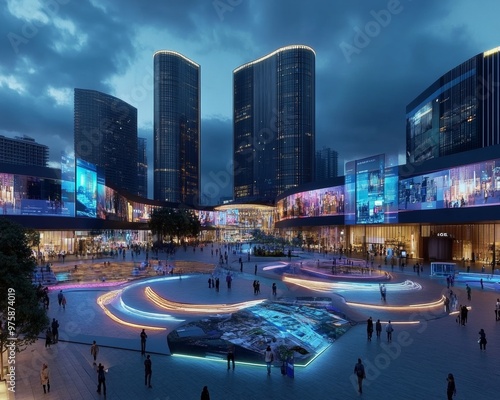 Modern City Square with Skyscrapers at Night.