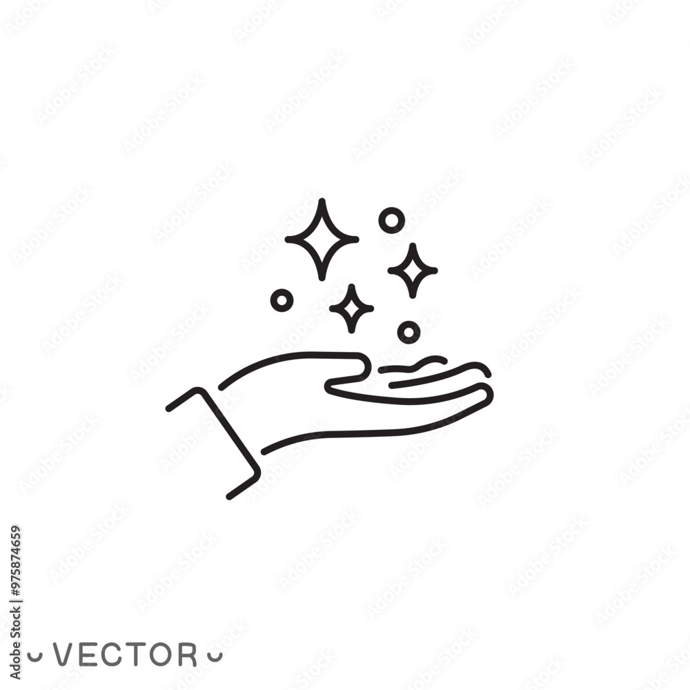 Clean hand icon. Antibacterial dermatology concept, thin line symbol isolated on white background, editable stroke eps 10 vector illustration