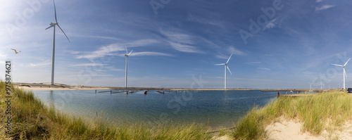 Obraz na płótnie Panoramic shot of wind power plants on the coast of Zeenland district in the south of Holland w salonie