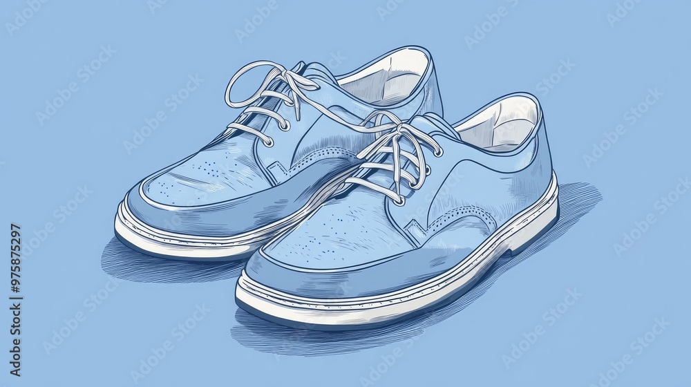 A pair of blue leather shoes with white laces, illustrated in a cartoon style. A pair of blue leather shoes with white laces, illustrated in a cartoon style.