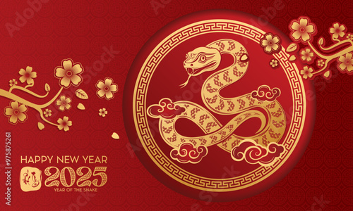Snake Lunar New Year themed paper graphic with oriental peach blossoms and 2025 snake (Translation : Happy new year )