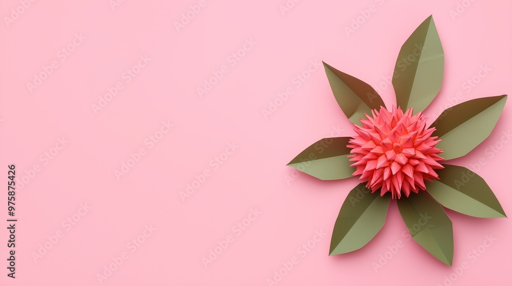 Top view, a simple and tropical origami rambutan composition on a pastel pink background with playful textures Top view, a simple and tropical origami rambutan composition on a pastel pink background with playful textures