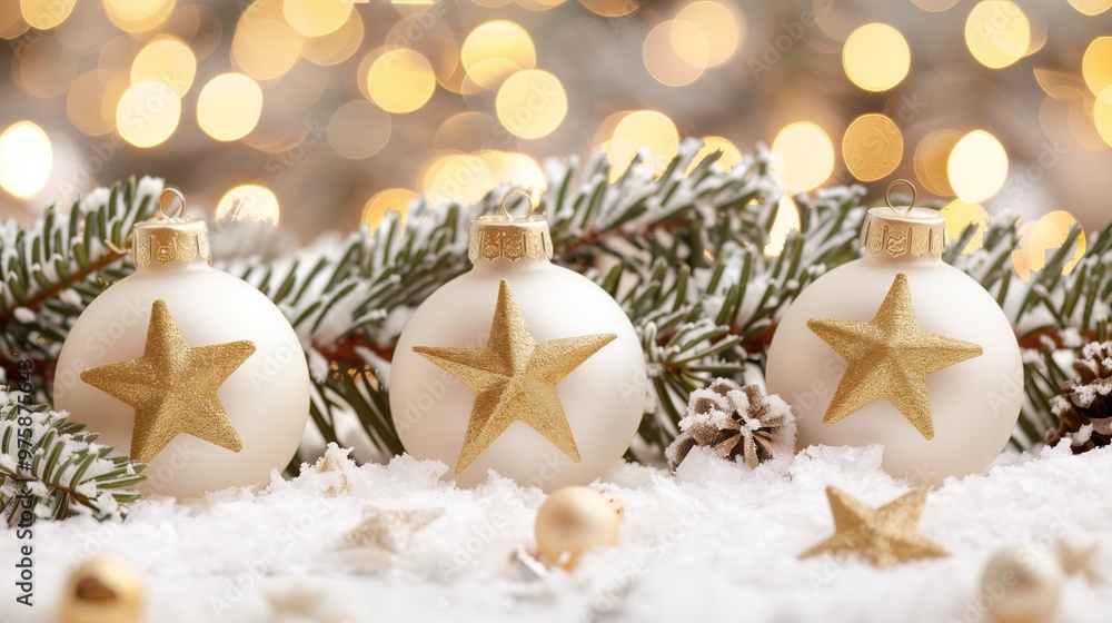 Four white festive Christmas xmas ornaments with gold stars on snowy bokeh background Four white festive Christmas xmas ornaments with gold stars on snowy bokeh background
