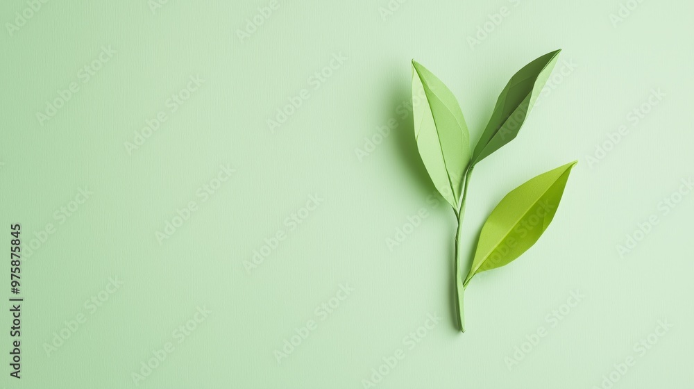 Top view, a simple and fresh origami green tea leaf composition on a light green background, minimal and delicate Top view, a simple and fresh origami green tea leaf composition on a light green background, minimal and delicate