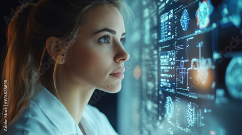 Female Doctor, Profile view of a female doctor analyzing a healthcare data hologram, showcasing innovation in medical research technology