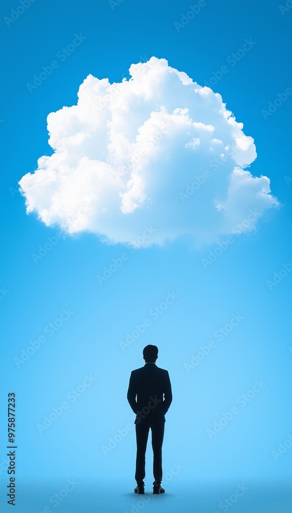 A silhouette of a businessman stands beneath a solitary cloud, symbolizing contemplation and dreaming in a clear blue sky. A silhouette of a businessman stands beneath a solitary cloud, symbolizing contemplation and dreaming in a clear blue sky.