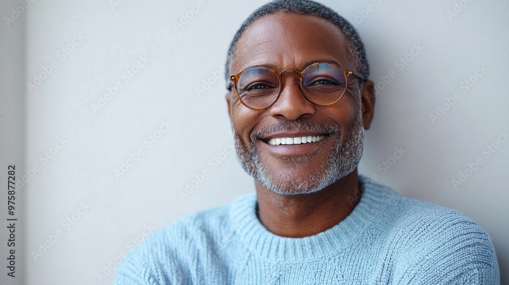 Cheerful Middle-Aged Man, A dark-skinned middle-aged man with a bright smile, wearing a light blue sweater and round glasses, poses relaxed against a white wall Cheerful Middle-Aged Man, A dark-skinned middle-aged man with a bright smile, wearing a light blue sweater and round glasses, poses relaxed against a white wall