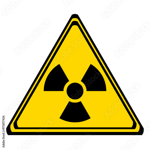 radiation hazard warning sign on a yellow triangular board. radioactive in transparent background
