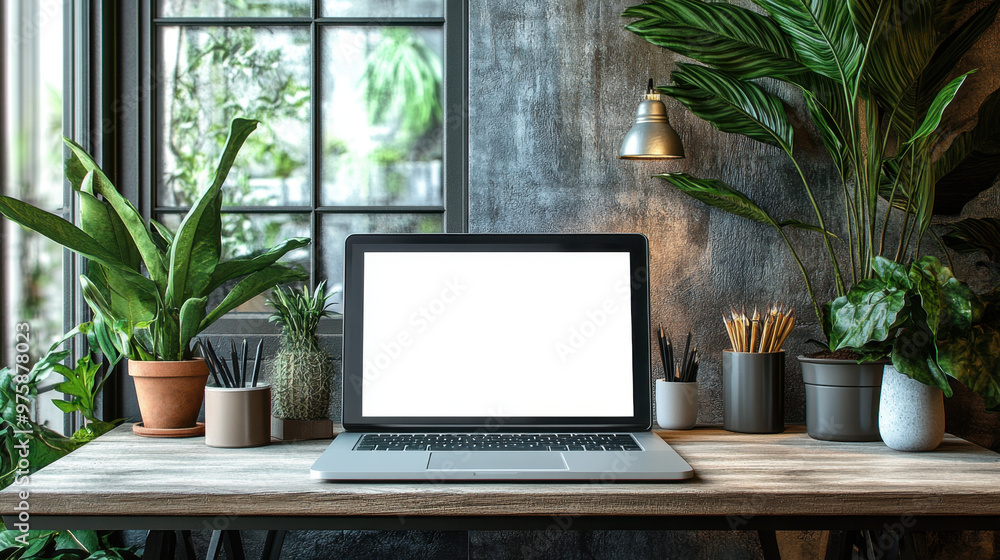 Minimalist Workspace, A modern desk features a sleek laptop with a blank screen, surrounded by a few well-chosen decorative items for a clean and organized look Minimalist Workspace, A modern desk features a sleek laptop with a blank screen, surrounded by a few well-chosen decorative items for a clean and organized look