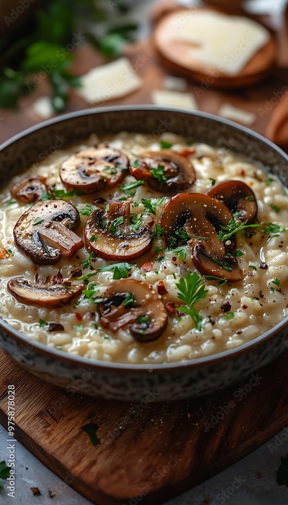 Creamy mushroom risotto garnished with herbs and spices. Creamy mushroom risotto garnished with herbs and spices.