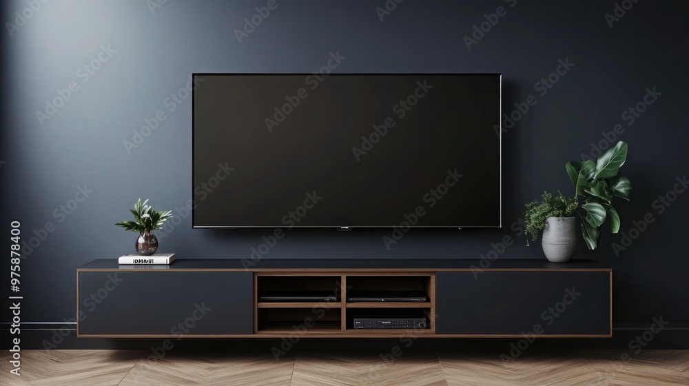 A modern wall-mounted TV unit with hidden storage, set against a dark, matte finish wall. A modern wall-mounted TV unit with hidden storage, set against a dark, matte finish wall.