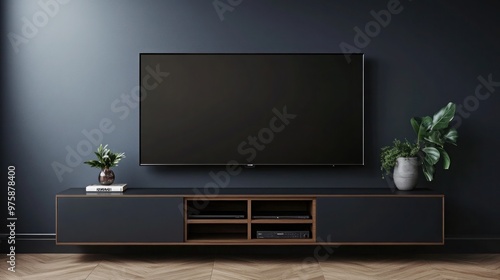 A modern wall-mounted TV unit with hidden storage, set against a dark, matte finish wall.