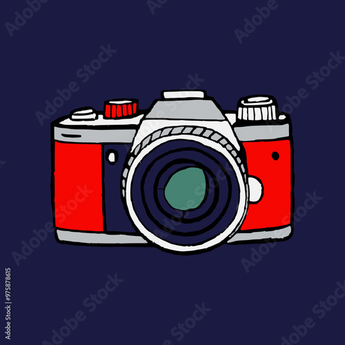 A stylized illustration of a vintage camera featuring red and blue accents, set against a dark blue background. Ideal for themes related to photography, retro aesthetics, and creative design