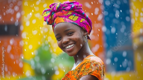 Joyful Sierra Leonean Teenager in Traditional Attire Dancing in the Rain Against a Vibrant Backdrop photo