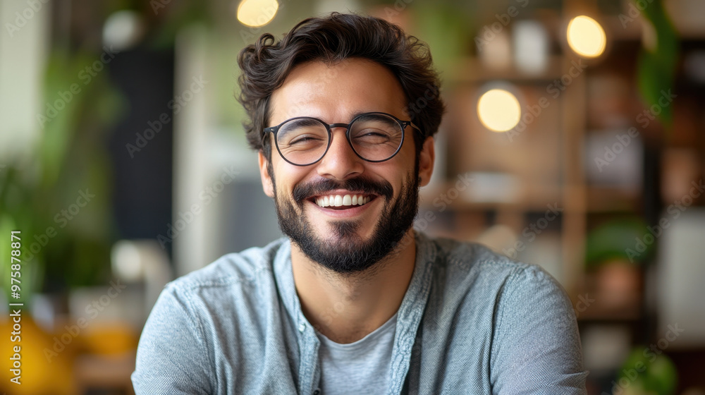 Cheerful Man, A smiling bearded man wearing glasses and casual clothes gestures enthusiastically, expressing delight and making a choice in an indoor setting Cheerful Man, A smiling bearded man wearing glasses and casual clothes gestures enthusiastically, expressing delight and making a choice in an indoor setting