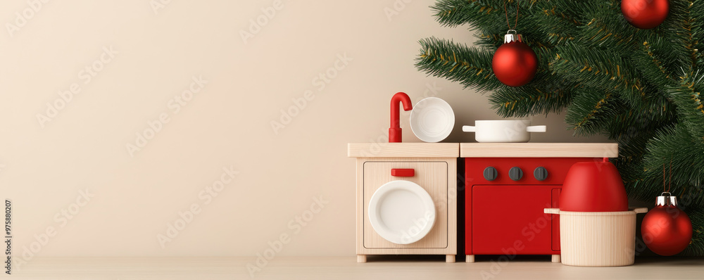 Obraz premium Discover the perfect Christmas present for girls with this charming wooden toy kitchen and dishes, ideal for festive celebrations under the tree.