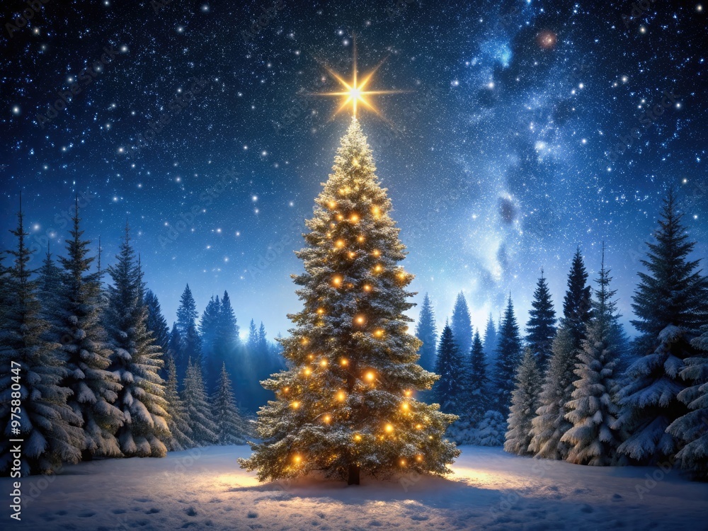 Dark winter forest background illuminated by a towering Christmas tree's twinkling lights, its silhouette standing majestically against a starry, snowflake-filled night sky. Dark winter forest background illuminated by a towering Christmas tree's twinkling lights, its silhouette standing majestically against a starry, snowflake-filled night sky.