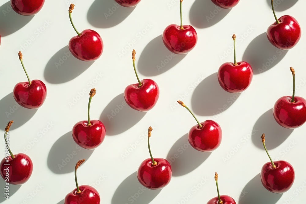 Glossy Red Cherries Arranged Neatly on White Background Glossy Red Cherries Arranged Neatly on White Background