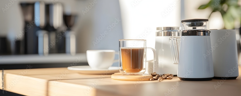 Contemporary Coffee Bar Illustration - Sleek Brewing Equipment and Minimalist Design in Upscale Cafe Setting Showcasing the Art of Coffee-Making Contemporary Coffee Bar Illustration - Sleek Brewing Equipment and Minimalist Design in Upscale Cafe Setting Showcasing the Art of Coffee-Making