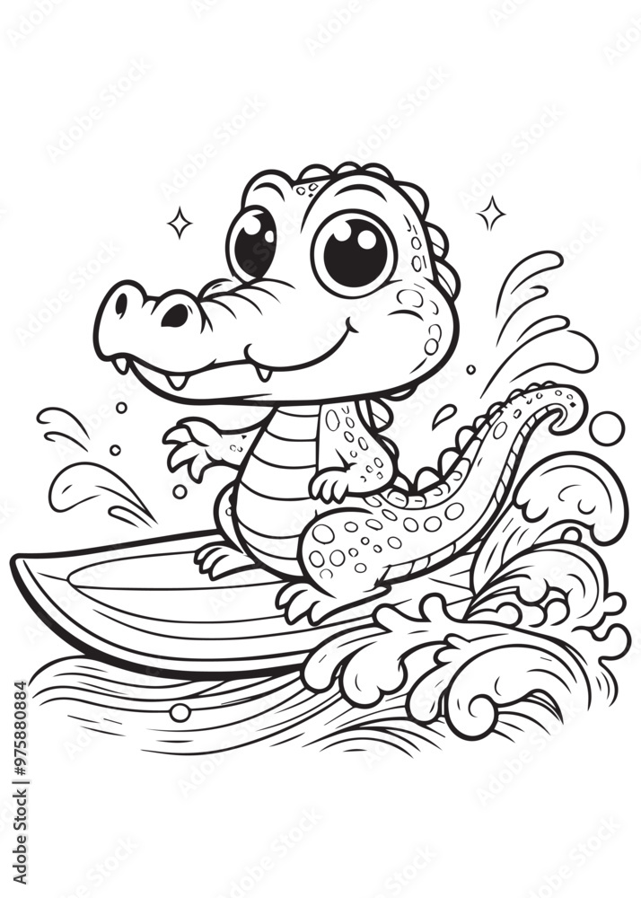 Children coloring page design crocodile surfing Children coloring page design crocodile surfing