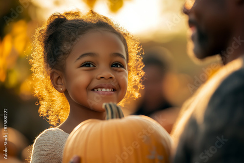 Smiling African American girl holding a pumpkin at a sunlit autumn festival