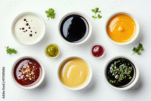 Variety of Gourmet Sauces in White Bowls Overhead View