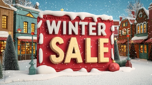 A vibrant winter sale sign surrounded by snow, evoking the festive spirit of the holiday shopping season.