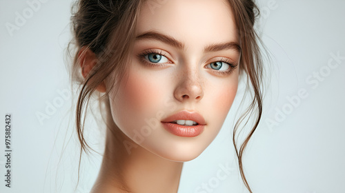 Close-up of a beautiful model's face wearing natural-looking makeup on a neutral background