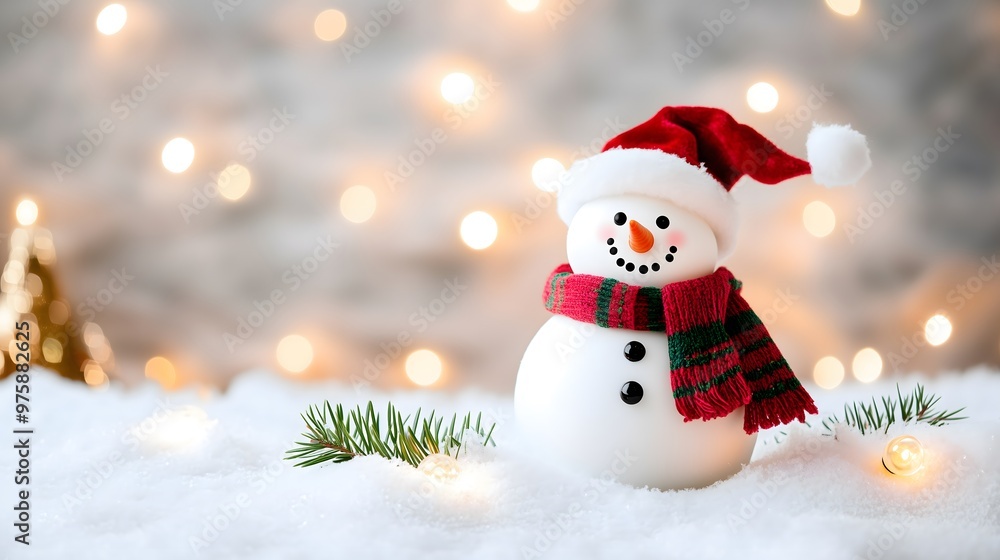 Cute Christmas snowman on snow copy space. Very blurred mount Bachelor, Oregon in Background Cute Christmas snowman on snow copy space. Very blurred mount Bachelor, Oregon in Background