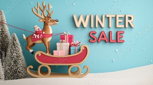 Celebrate the festive season with a cheerful winter sale featuring a reindeer on a sleigh surrounded by colorful gifts.