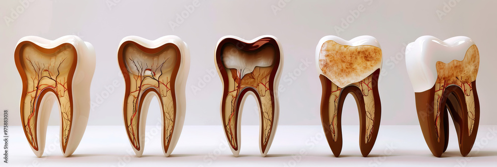 Dental Details: A healthy tooth with its enamel, dentin, and pulp displayed in brown and white against a white background. Dental Details: A healthy tooth with its enamel, dentin, and pulp displayed in brown and white against a white background.