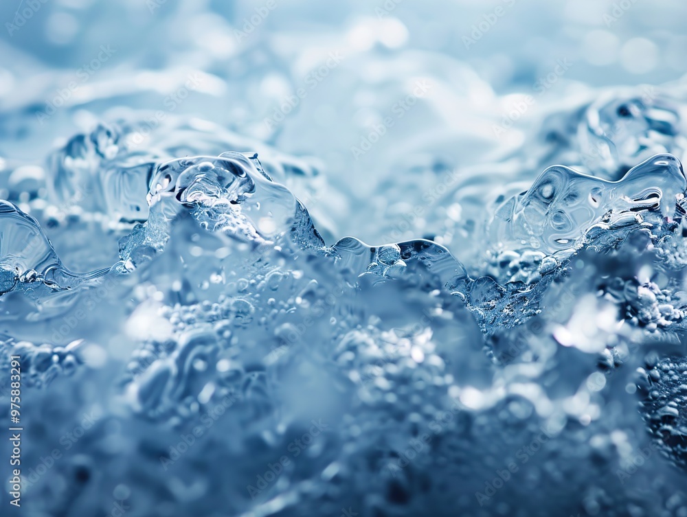 Close-up of sparkling, translucent ice crystals, with a soft blue background. Close-up of sparkling, translucent ice crystals, with a soft blue background.
