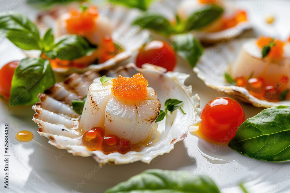 Gourmet Scallop Dish with Fresh Basil and Cherry Tomatoes on Elegant Shell Presentation Gourmet Scallop Dish with Fresh Basil and Cherry Tomatoes on Elegant Shell Presentation