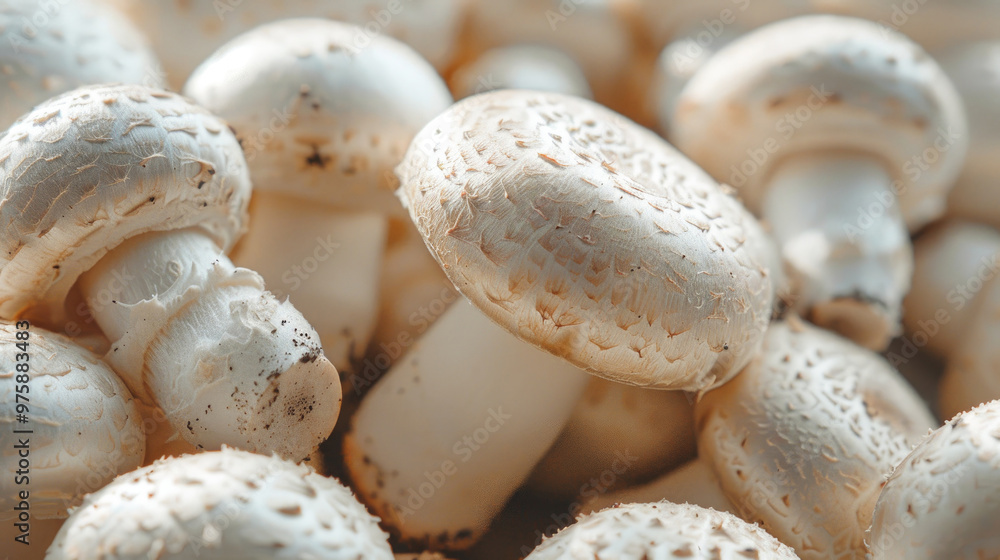 Fresh White Mushrooms Close-Up with Detailed Texture and Natural Light in a Rustic Setting Fresh White Mushrooms Close-Up with Detailed Texture and Natural Light in a Rustic Setting