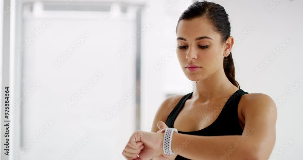 Woman, check time and studio for workout, exercise and wellness, smiling and happy for indoor activity. Young, healthy and ready for fitness, active and timing for body, positive and breathe Woman, check time and studio for workout, exercise and wellness, smiling and happy for indoor activity. Young, healthy and ready for fitness, active and timing for body, positive and breathe
