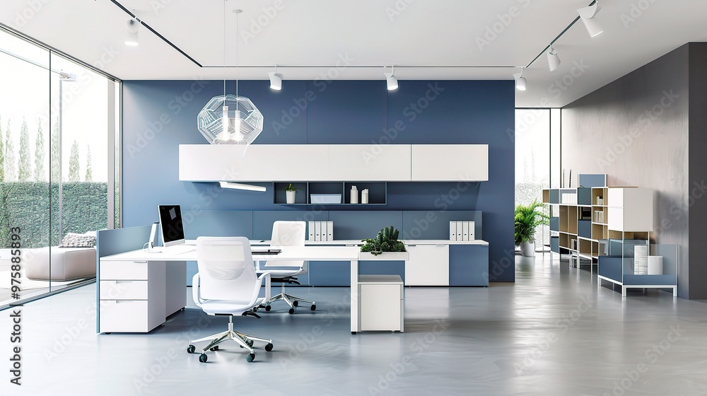 A modern open - space office with a combination of white and blue elements. The white walls give a sense of spaciousness A modern open - space office with a combination of white and blue elements. The white walls give a sense of spaciousness