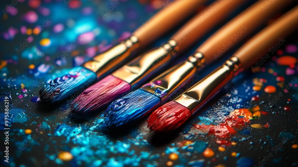 Obraz premium Vibrant Paintbrushes and Colorful Strokes in Artistic Action