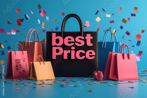 Colorful shopping bags and 'Best Price' sign, concept of discount sales and bargain shopping