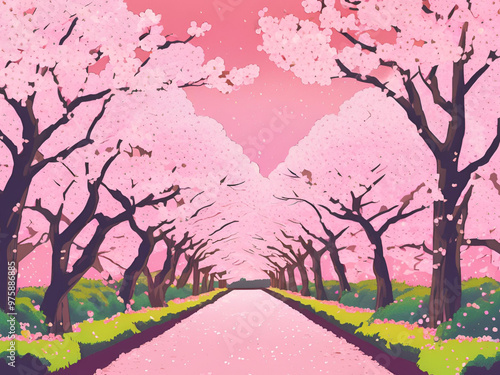 桜のある風景、AIイラスト
