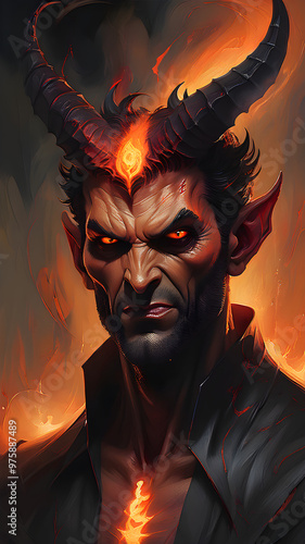 Asmodeus, Behemoth, Beelzebub, Lucifer, Salanus, Asmodeus, Belial, who look like demons with horns and a fiery black-orange aura swirling around their bodies, giving off an aura of vengeance and darkn photo