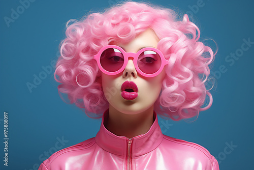 Vintage Glamour: Curly-Haired Woman in Pink Sunglasses photo