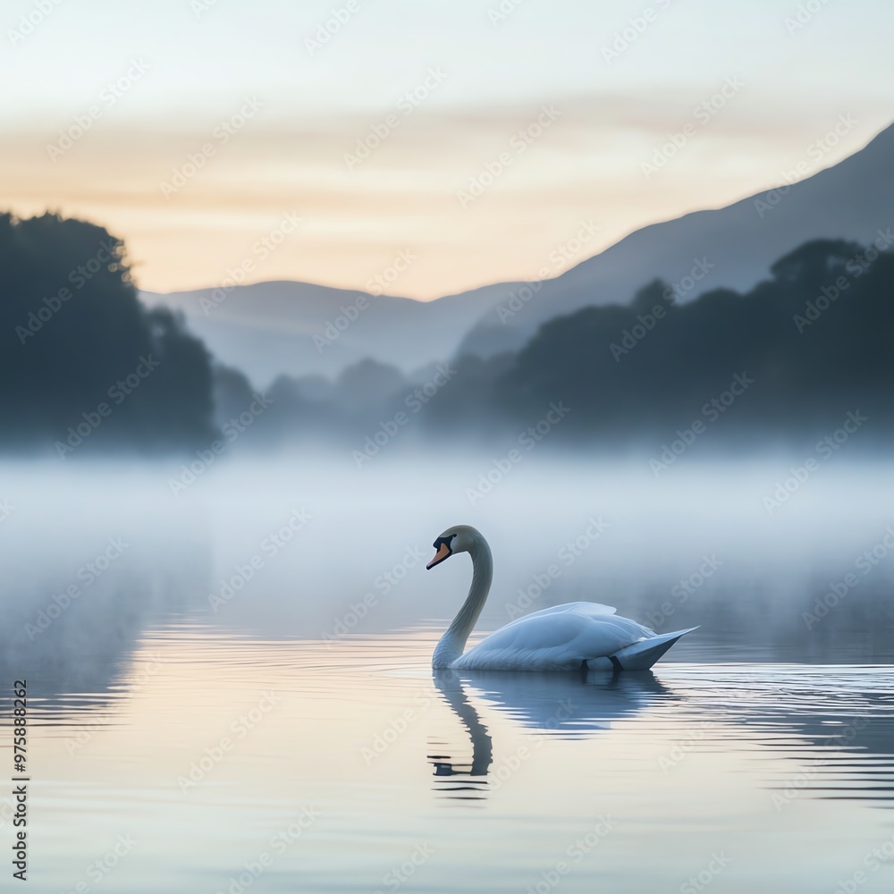 Elegant swan gliding across a misty lake at dawn, peaceful and serene moment, swan, lake, tranquility Elegant swan gliding across a misty lake at dawn, peaceful and serene moment, swan, lake, tranquility