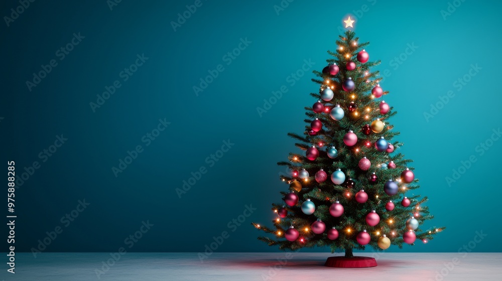 Decorated Christmas Tree with Lights and Ornaments on Teal Background Decorated Christmas Tree with Lights and Ornaments on Teal Background