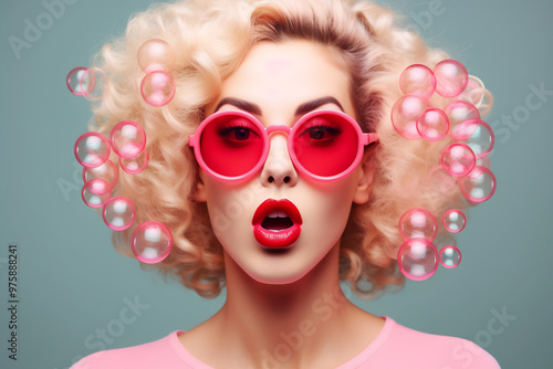 Vintage Glamour: Curly-Haired Woman in Pink Sunglasses photo