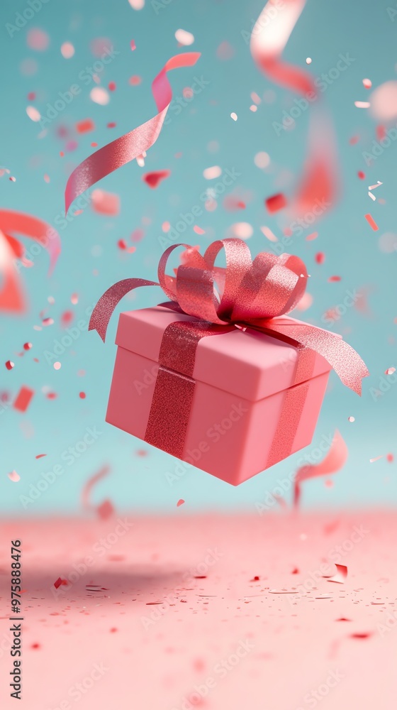 Fototapeta premium Gift box with ribbon flying in the air, dynamic motion effect, 3D illustration