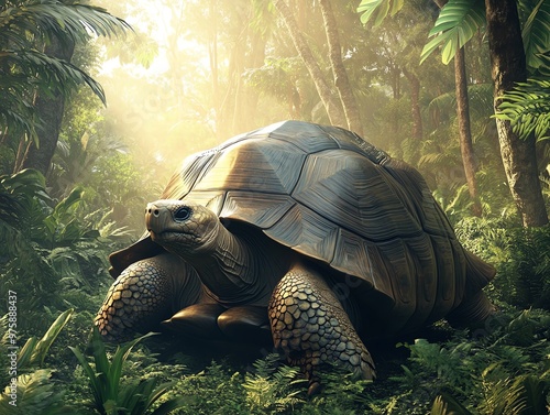 Giant tortoise slowly moving through a lush jungle, representing patience and longevity, tortoise, jungle, patience photo