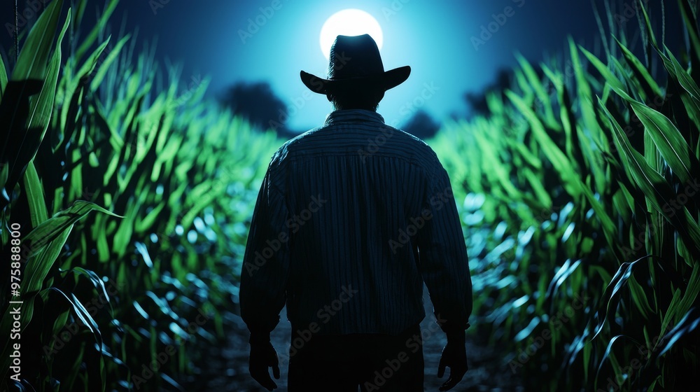Silhouette of a Farmer in a Cornfield at Night Silhouette of a Farmer in a Cornfield at Night