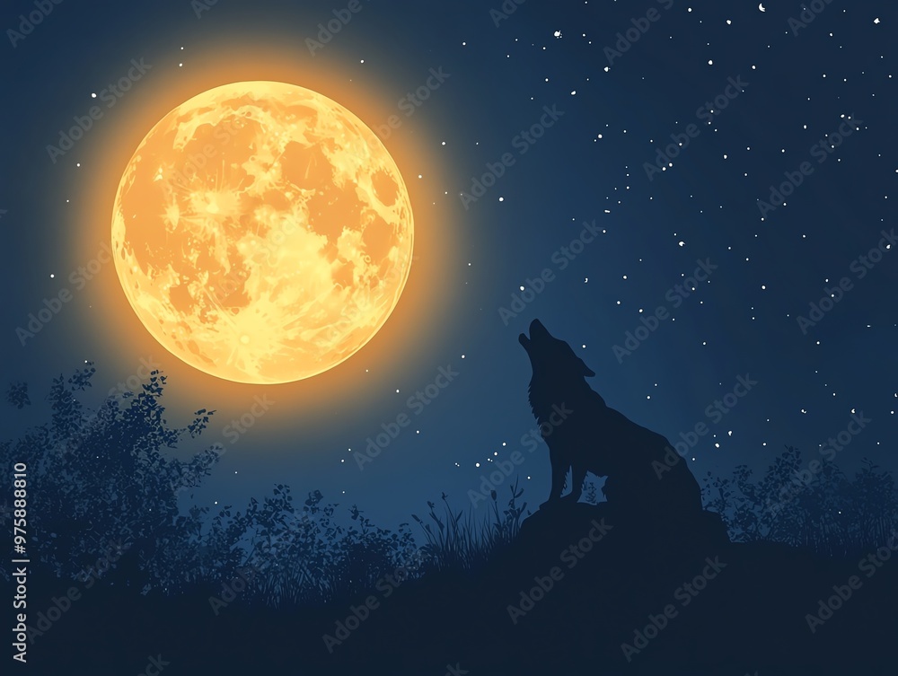 Wolf howling at the full moon in a starry night sky, symbolizing wilderness and freedom, wolf, moon, wilderness Wolf howling at the full moon in a starry night sky, symbolizing wilderness and freedom, wolf, moon, wilderness