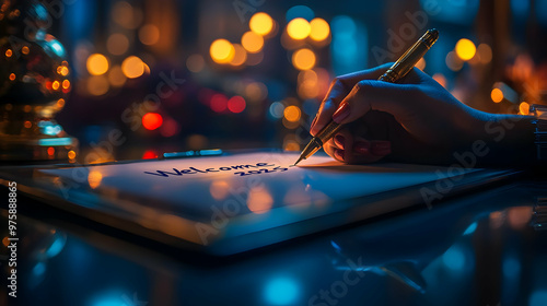 Welcome 2025 - Hand Writing with Pen on a Table with Bokeh Lights - Photo